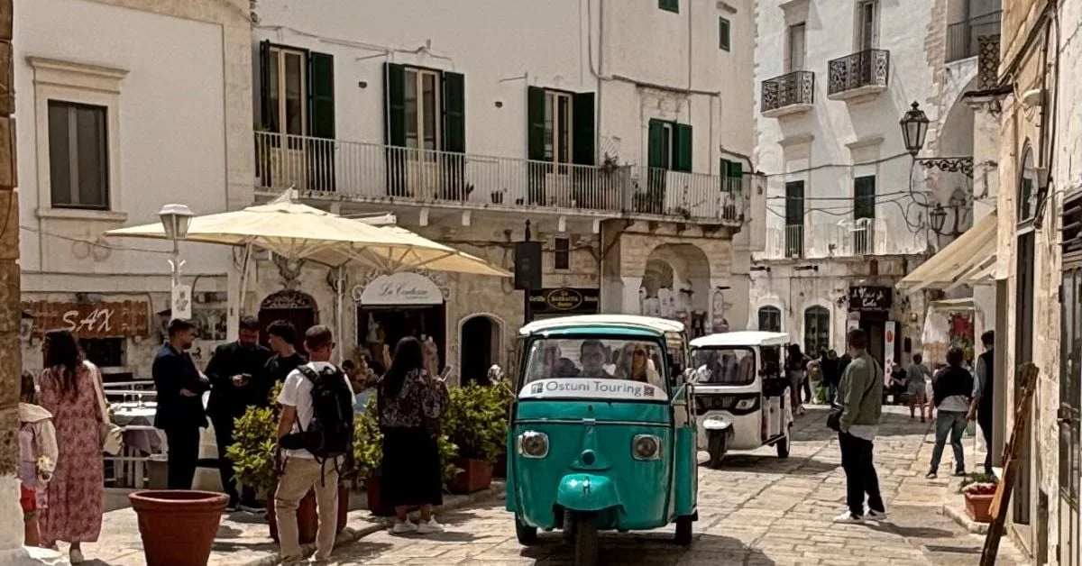 Tuk-tuk on the streets of Ostuni, Puglia — a fun way to explore the hilltop town