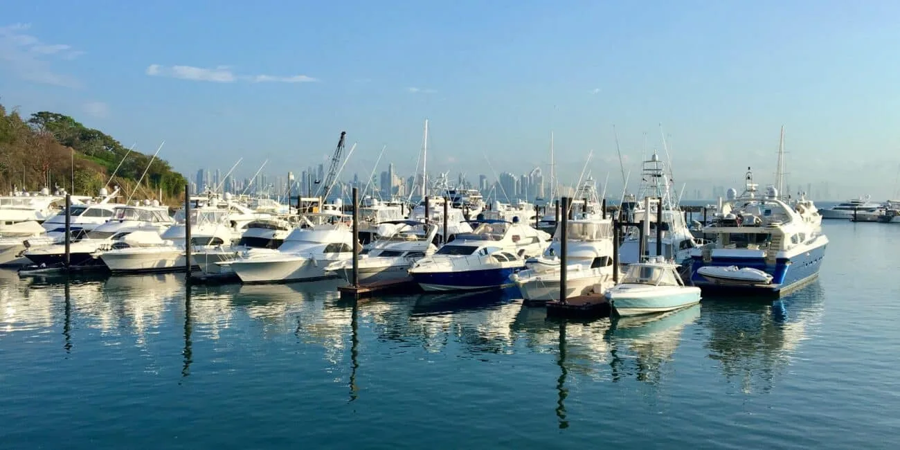 Panama City vista of harbour area with boats anchored.