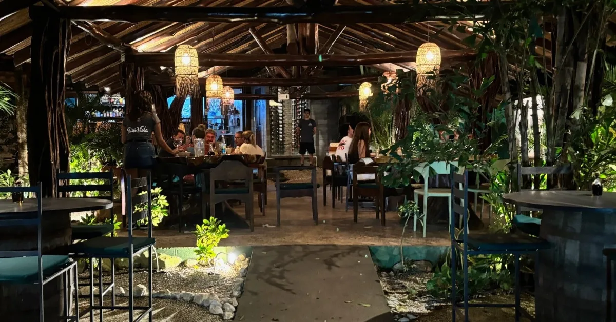 Pizza restaurant which is rustic with out door seating.  Large lamps suspend from the wooden rafted ceiling,
