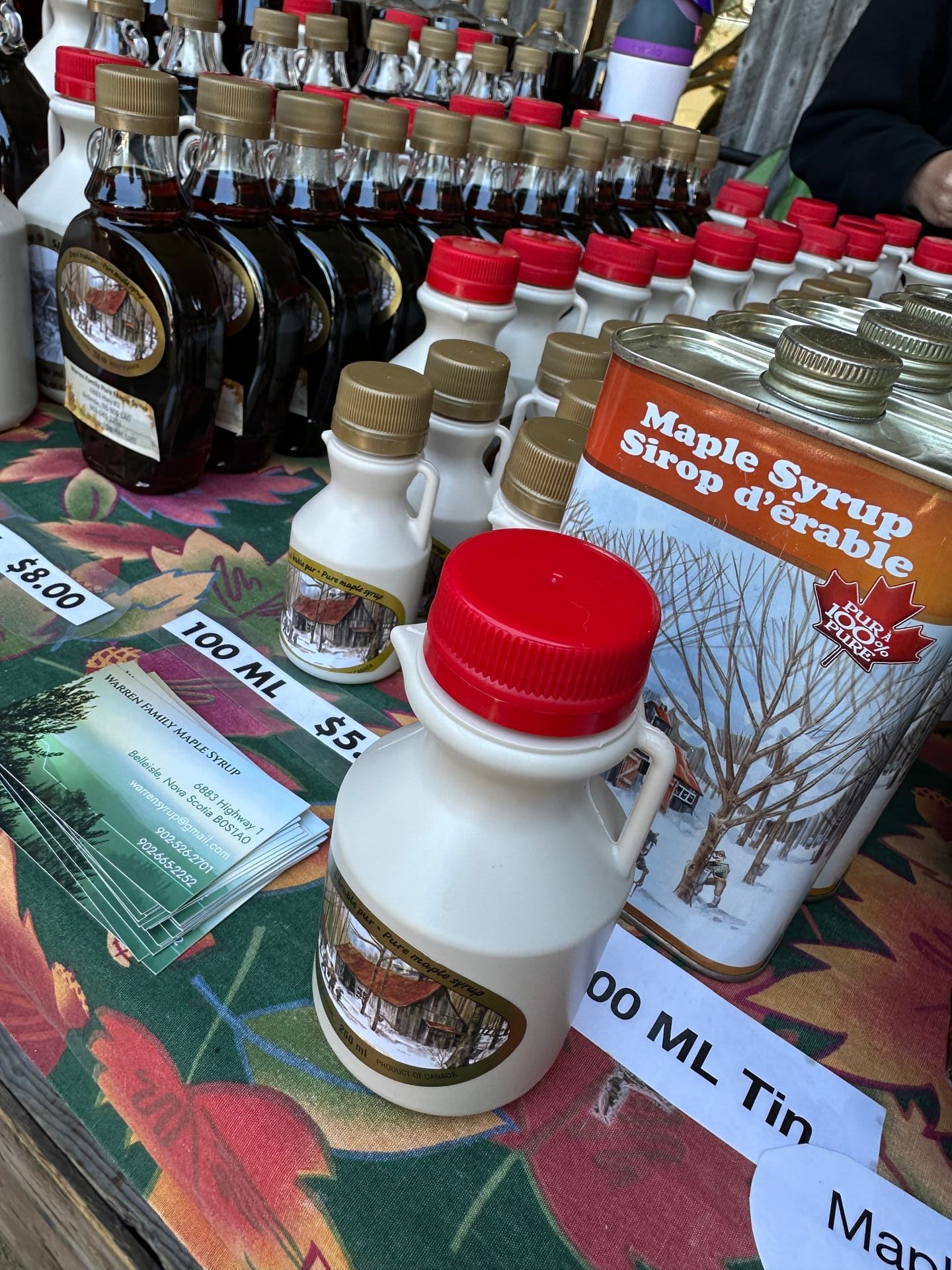 Maple syrup stall at the Annapolis Royal farmers market, Nova Scotia