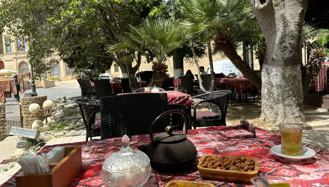 A typical tea cafe in Azerbaijan will serve local fresh nuts and jam along with freshly brewed tea.