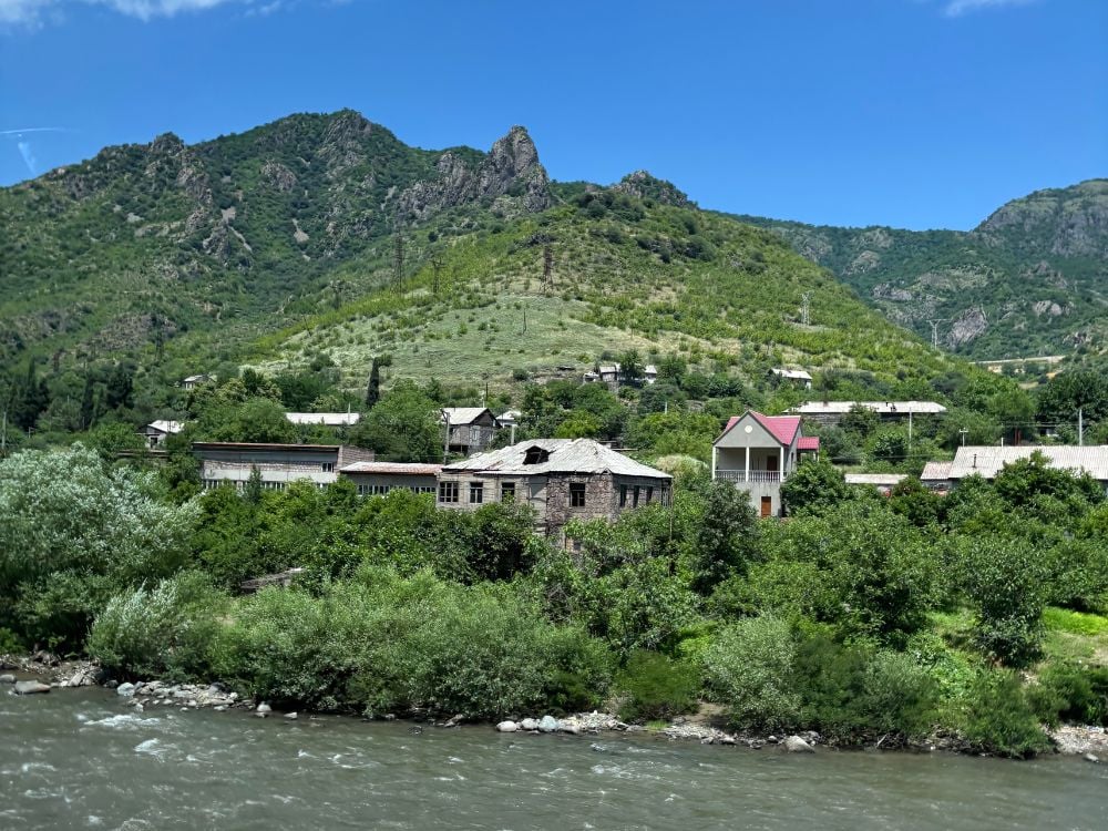 Riverside village and mountain landscape along the Debed River gorge