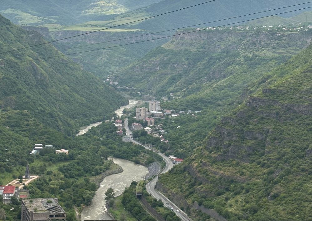 Aerial view of the Sanahin valley and mountain river