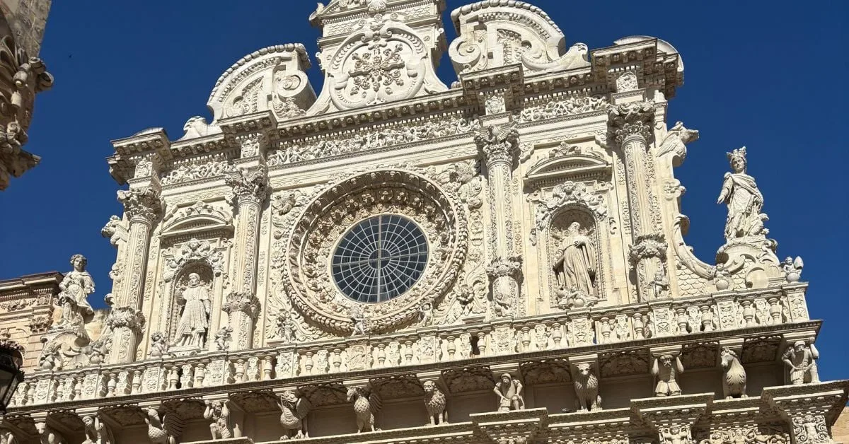 Intricate baroque facade detail of the Basilica di Santa Croce, Lecce, Puglia