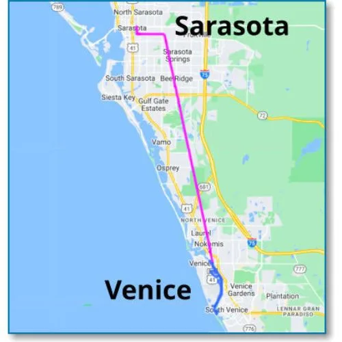 Map of Legacy Trail in Sarasota showing the route from here to Venice.