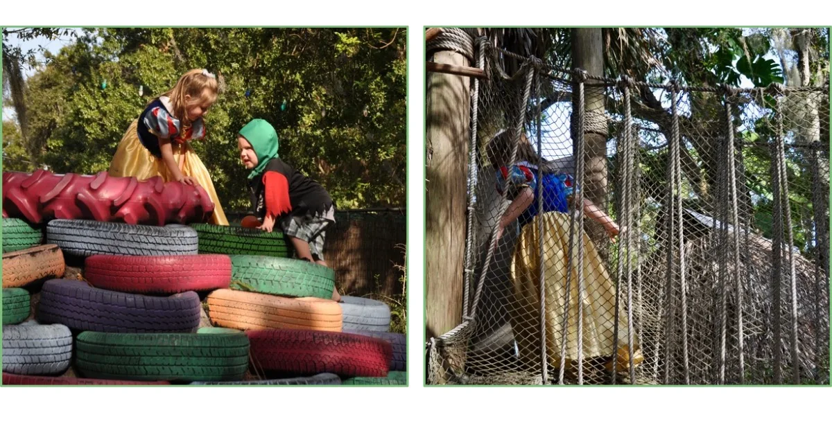 Children playing on painted tires and walking a rope bridge in a playground in Sarasota.