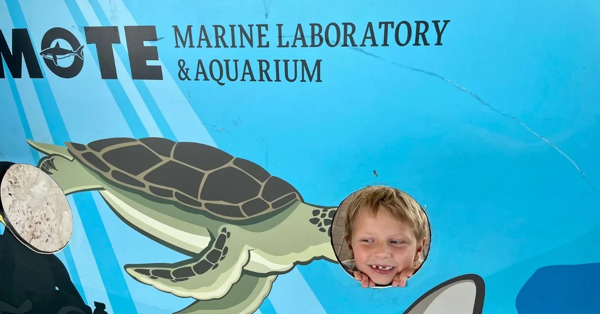 Child enjoying a pop through head sign at Mote Marine Sarasota.