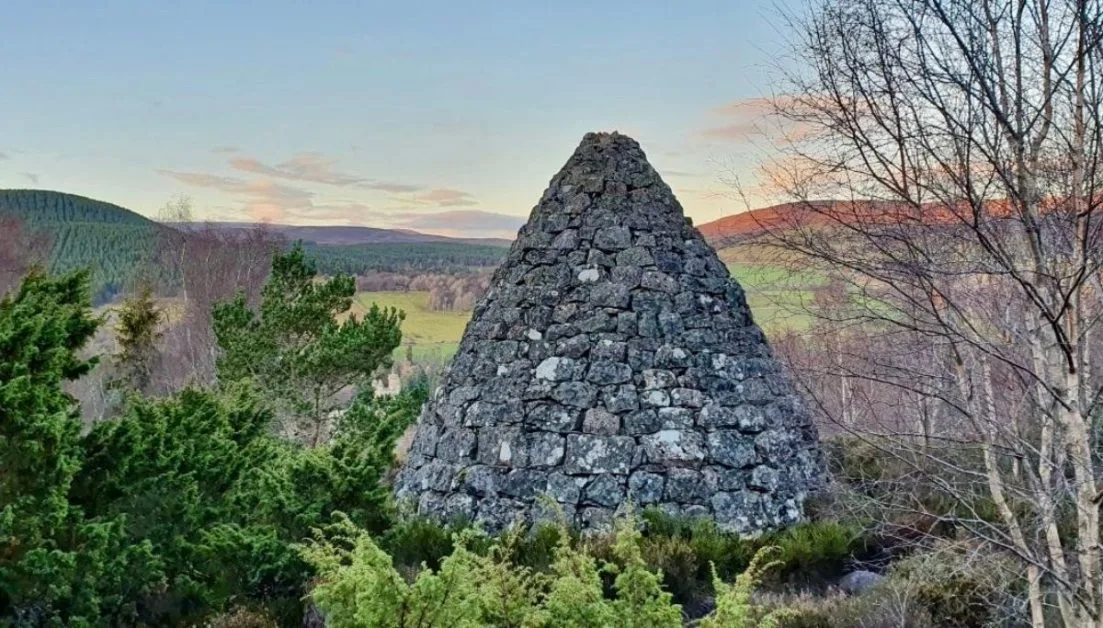 A stone pyramid that is used as a navigation beacon for walkers in Scotland.