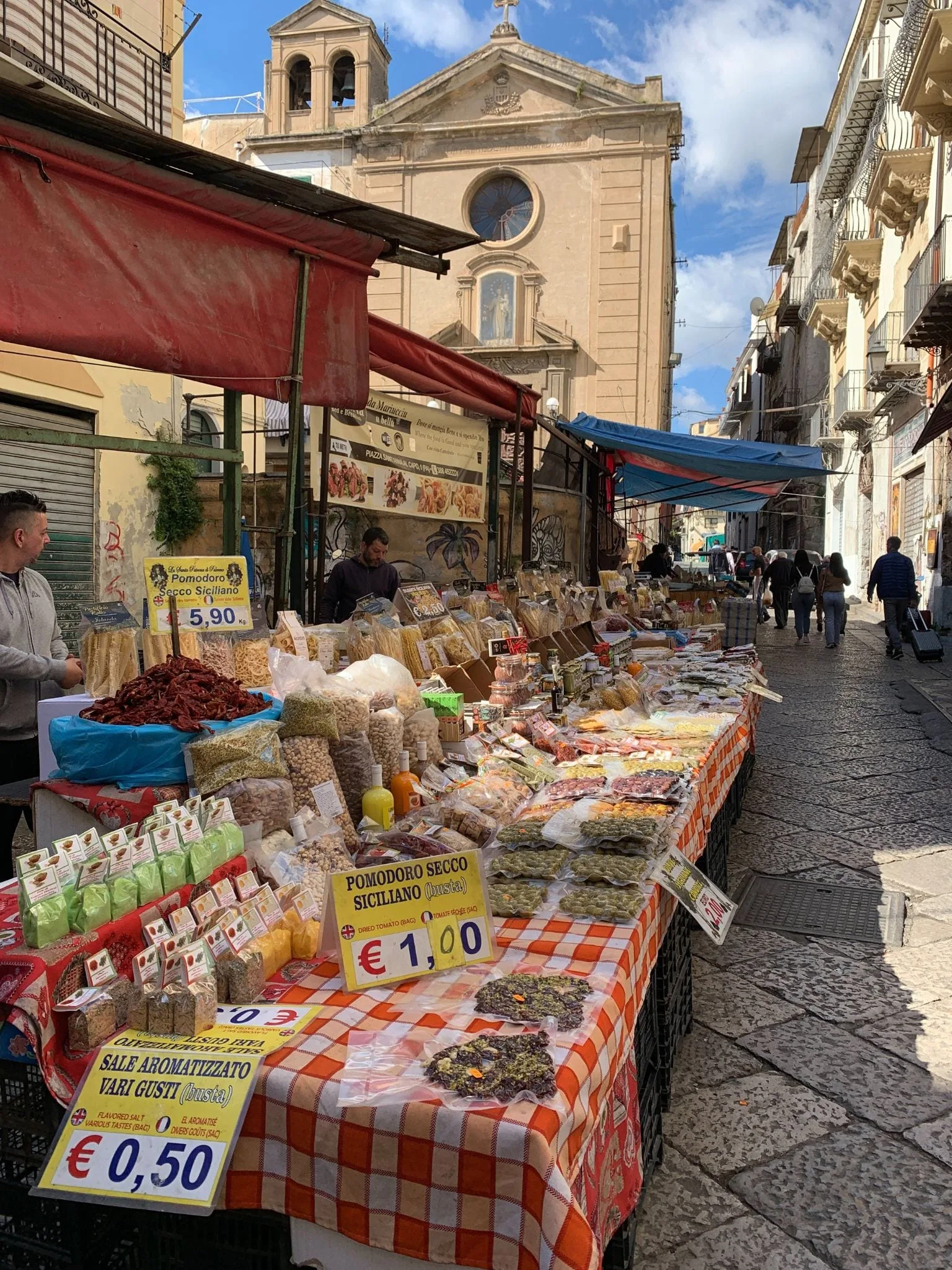 Sicily street market food stalls