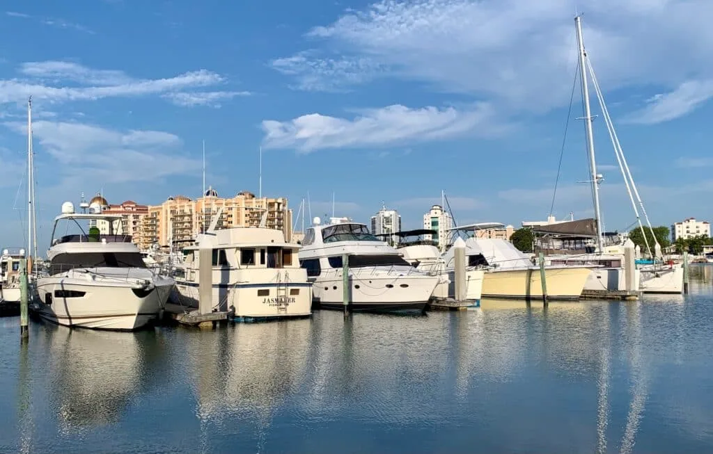 sarasota marina is a great stop on a drive from Siesta Key to Anna Maria Island. Many yachts are anchored here.