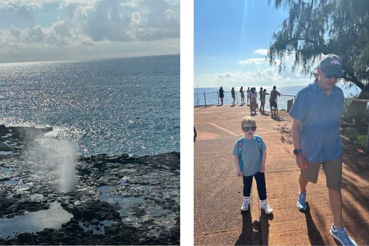 Family watching the Spouting Horn blowhole, Kauai