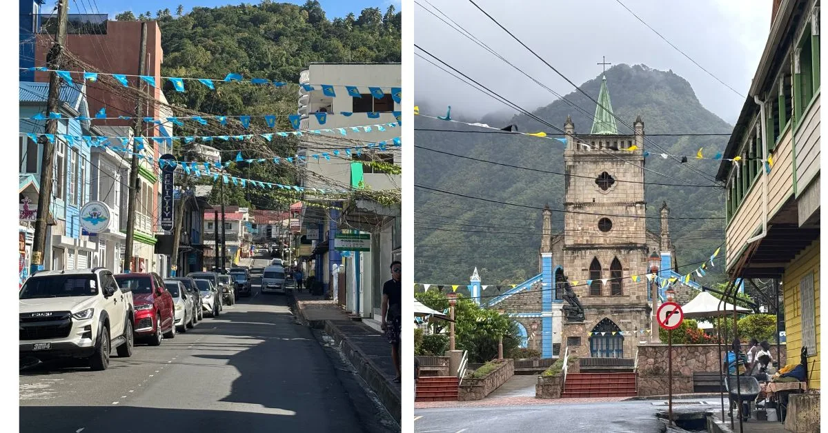 Narrow street with blue bunting, cars parked on one side and colourful buildings, a second image shows a church with a big hill in the background