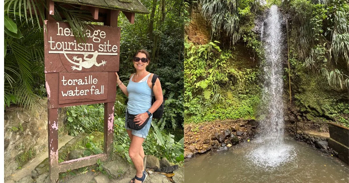 Woman standing next to entrance sign for the Toraille Waterfall and a second image of the waterfall
