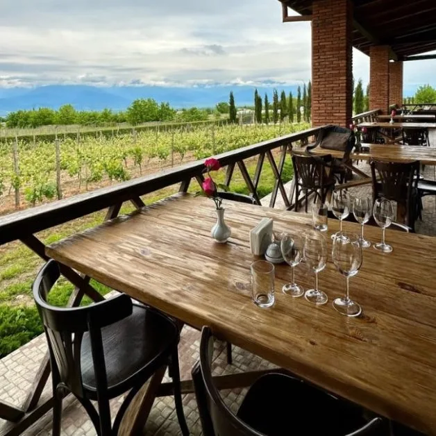 A winery tasting area with views of the Kakheti region of Georgia The Country.