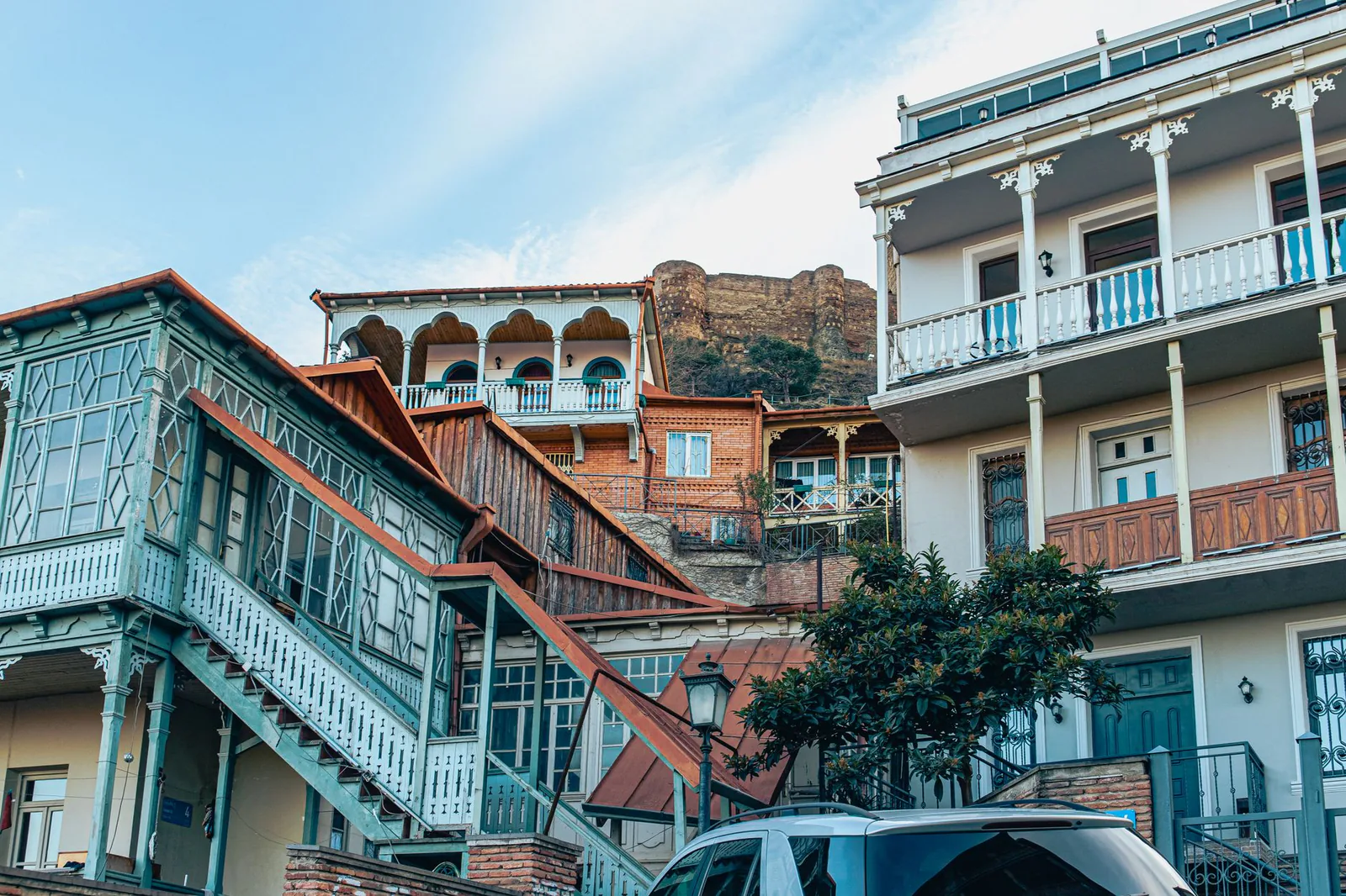 Traditional Tbilisi houses with ornate balconies showcasing classic Georgian architecture