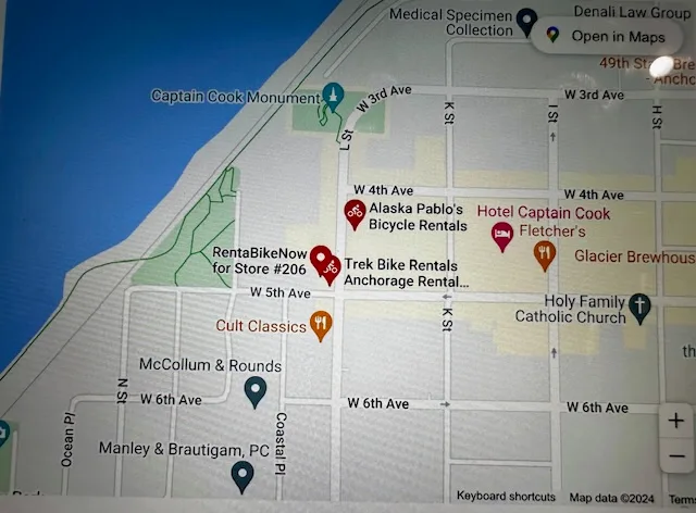 A map showing bicycle rental locations in Anchorage