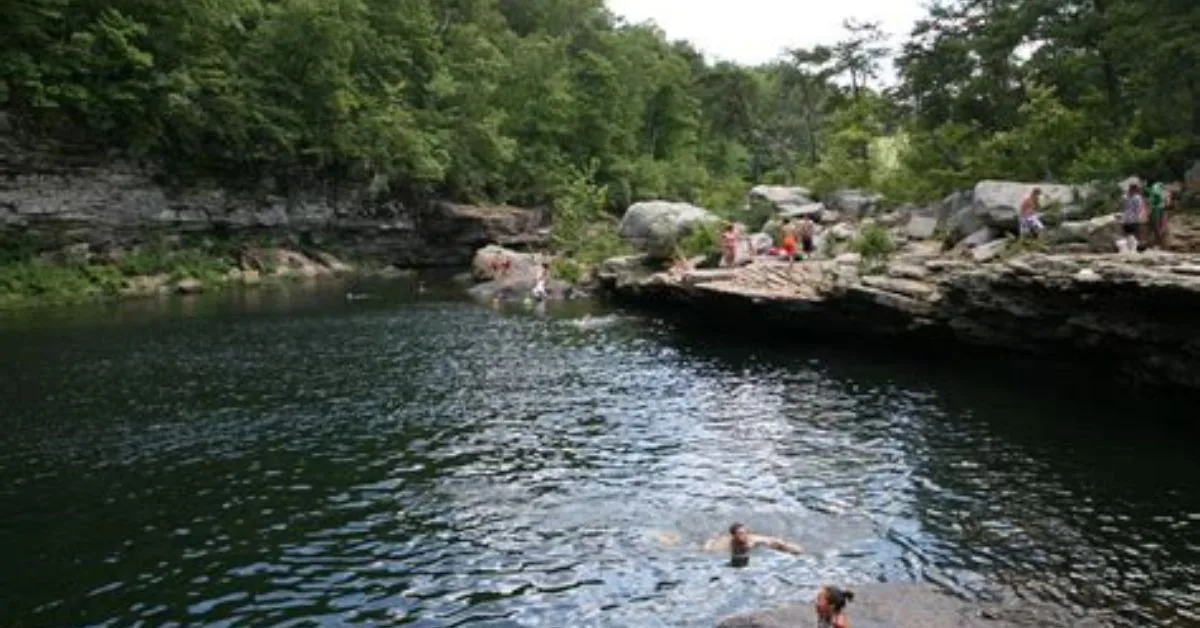 People swimming in a water hole in the Black Hills South Dakota and others sunbathing.
