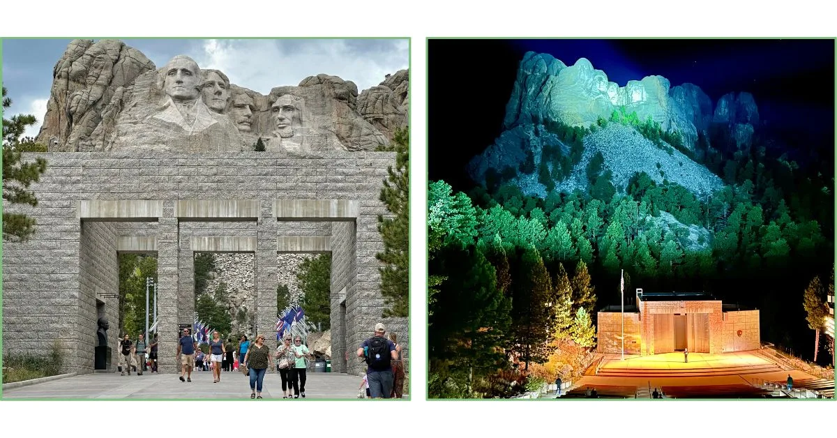 Views of Mount Rushmore show entrance area and the nighttime lighting ceremony stage and lit Presidents faces.