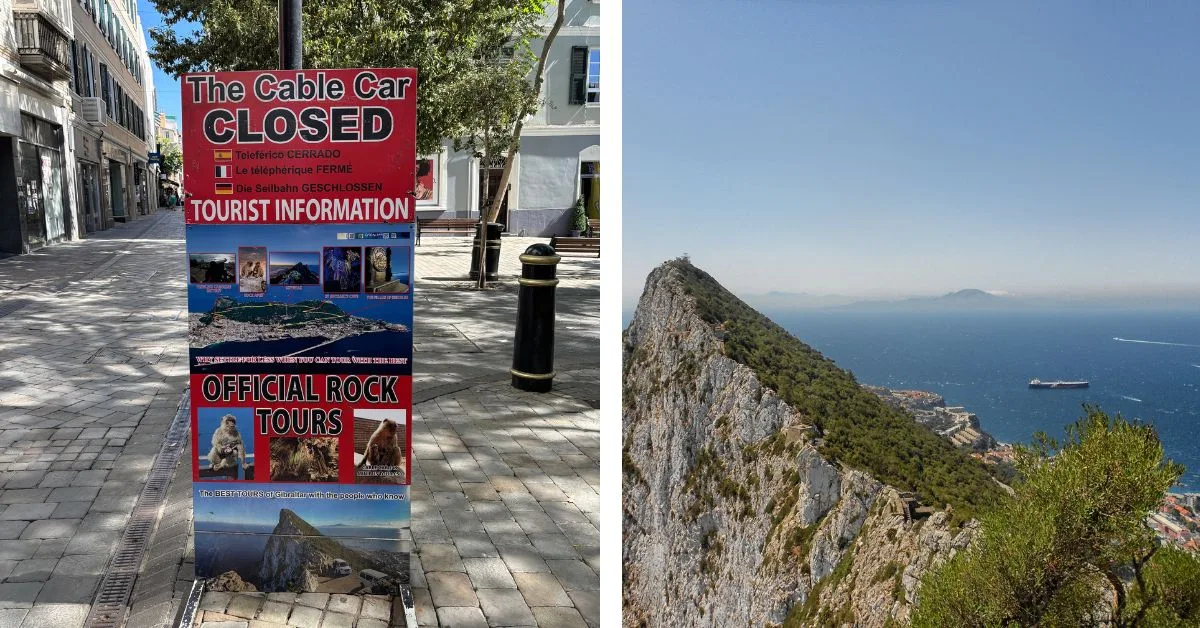 Sign on the Street with information about Rock of Gibraltar and an image of the Rock opposite looking across to Morocco
