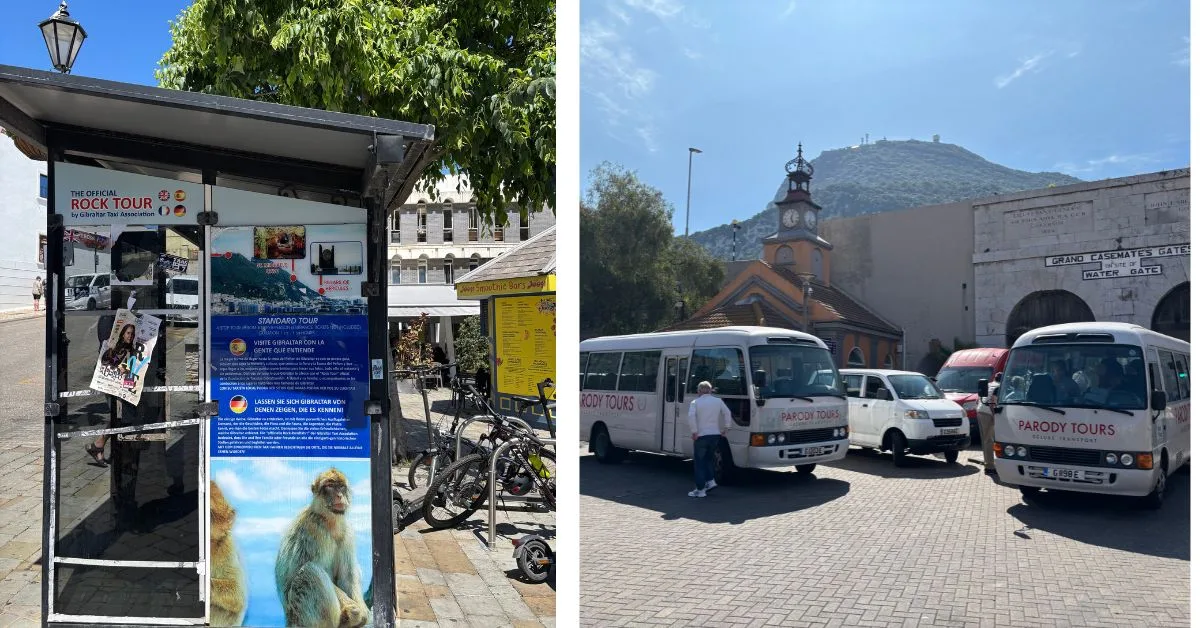 Signage in Casemates Square for tours and tour buses wait outside the Casemate entrance ready for tours to begin