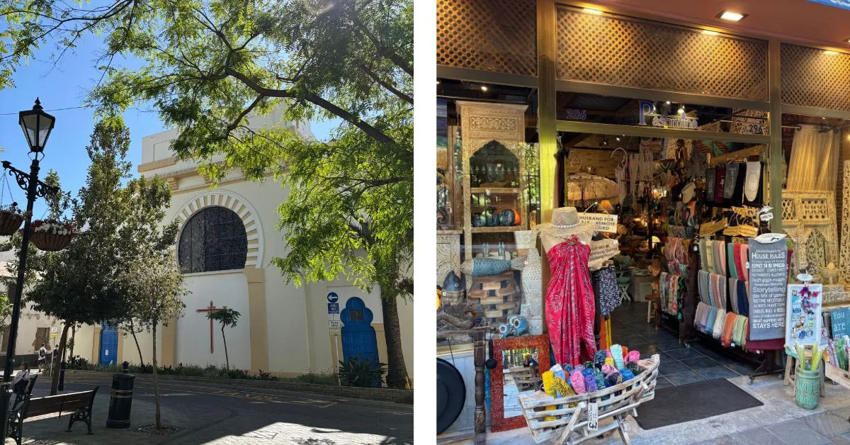 White church with small trees around it and image of a shop with lots of colourful items both inside and outside on display