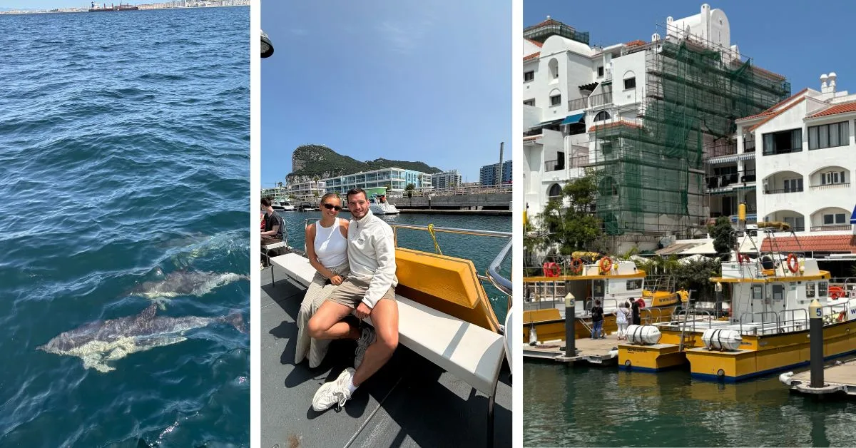 Dolphins swimming by a boat, couple sitting on the boat with Rock of Gibraltar in the background and image of boat in the marina