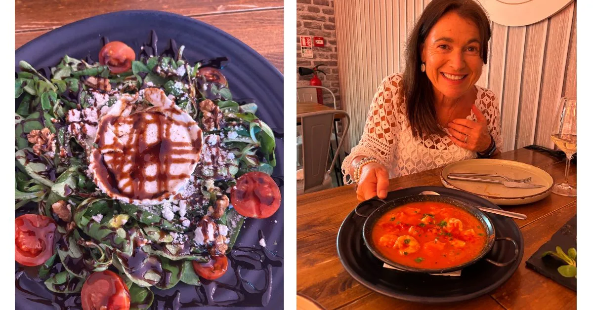 2 images of food - one of a salad and one of a prawn dish with a woman in the restaurant