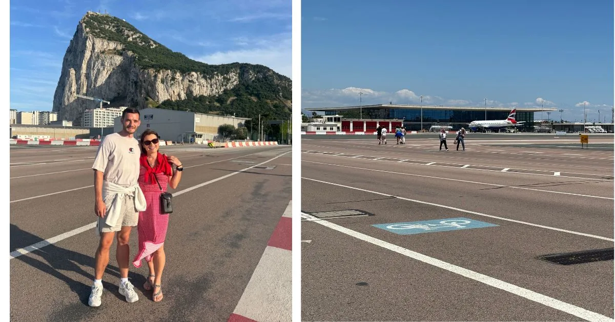 2 images - one with a woman and a man standing in front of the Rock of Gibraltar and the second image of people walking across the runway in Gibraltar with a plane parked up in the background