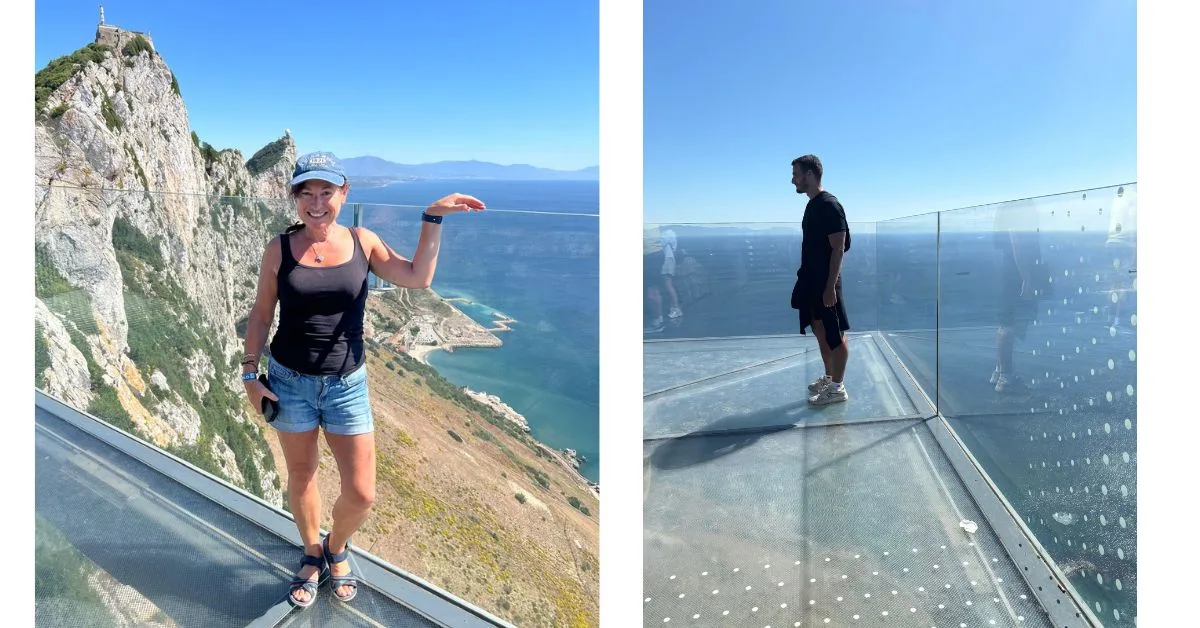 Glass walkway on the Rock of Gibraltar with images of people standing on the glass looking at views below of the sea and the Rock