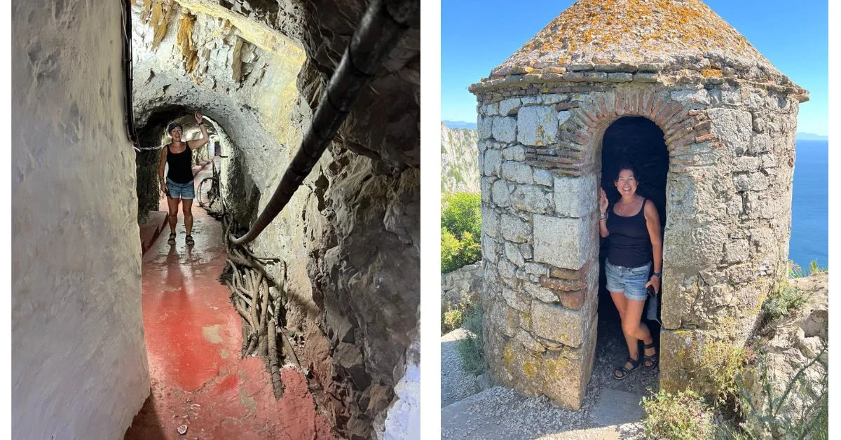Caves and tunnels in the Rock of Gibraltar with a women in each image exploring these