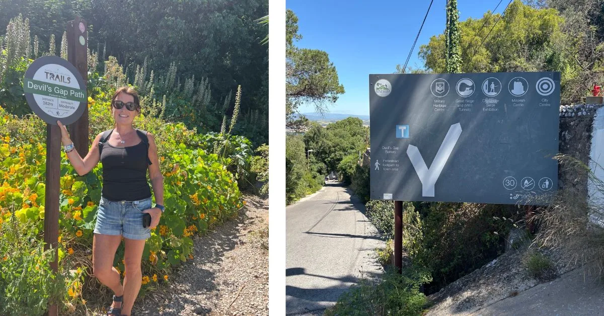 Signs showing information about climbing the Rock of Gibraltar. A woman stands next to one of the signs.