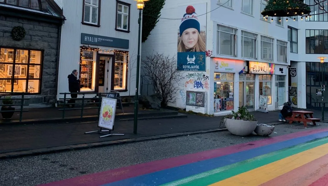 A rainbow painted street in Laugavegur part of Reykjavik.