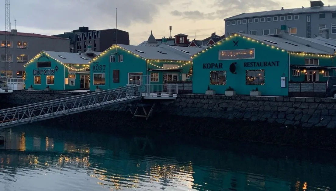 Green painted coffee shop and restaurant with lighting hung from the roof.