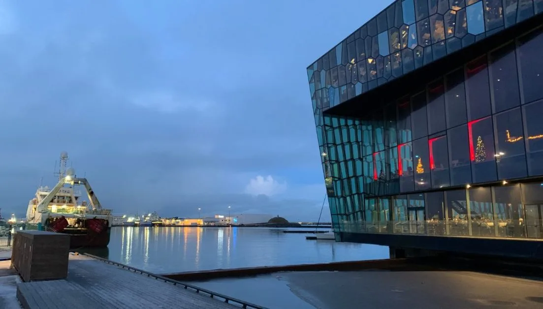 Harpa Concert Hall next to harbour in Reykjavik.