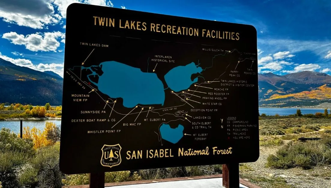 Signage for Twin Lakes Recreation Area of Colorado.