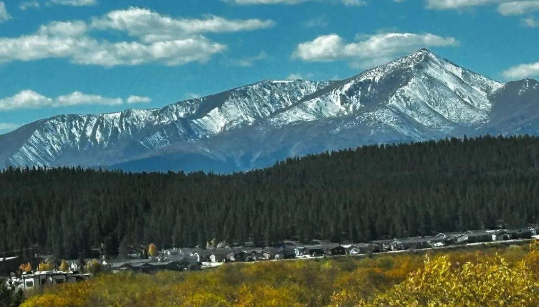 Snow capped Rocky Peak and in front are pine forests and homes of Lake County Colorado.