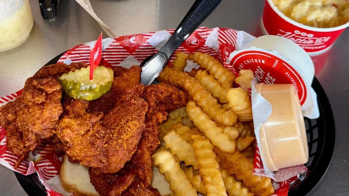 A basket of hot fried chicken.