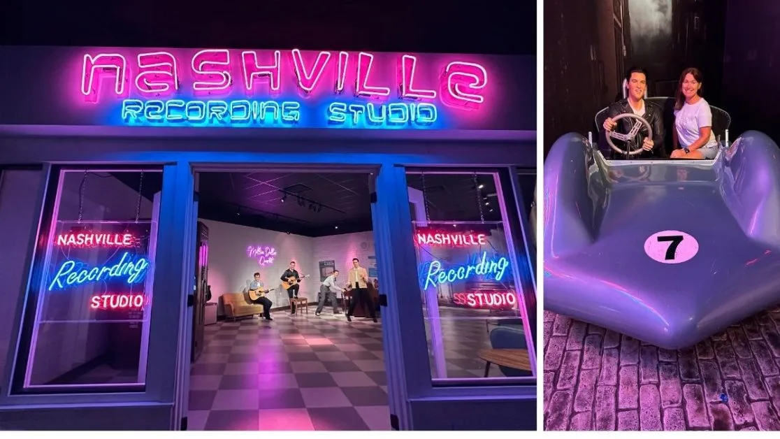 Exhibits showing wax figures of Elvis and his band in a recording studio.