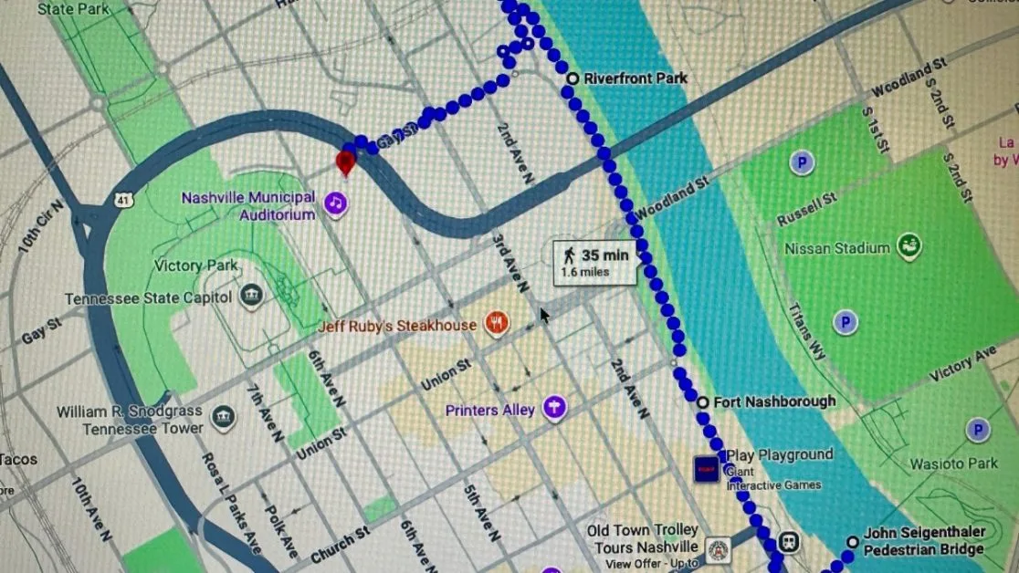 A map showing a River Pathway walk in Nashville.