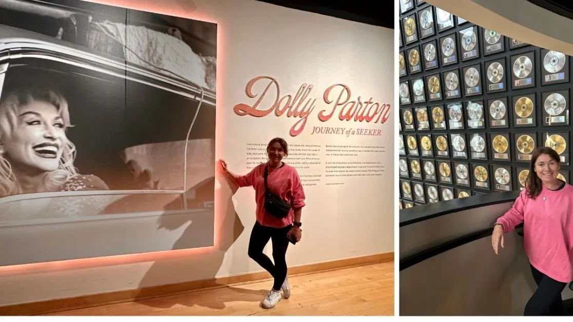 A large wall exhibit of Dolly Parton in Country Music Museum Nashville.