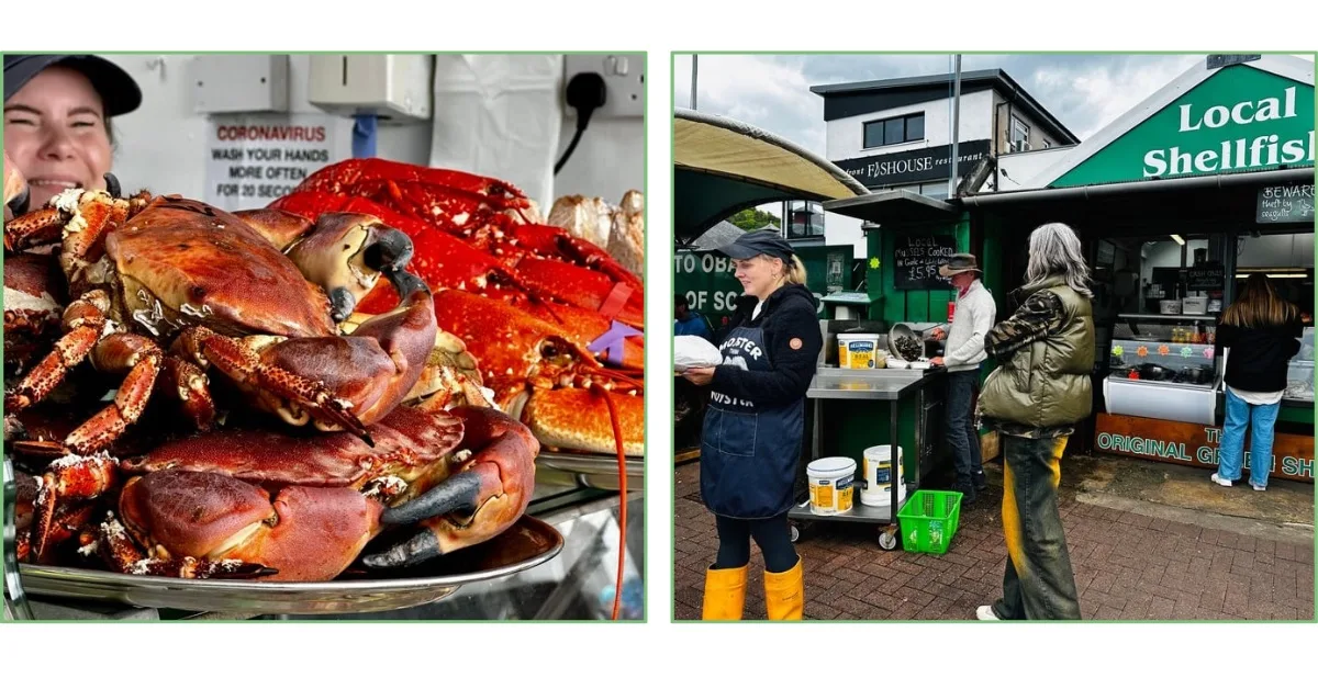 Crab and Lobster on sale at The Green Shack in Oban, a quayside seafood stall. People are waiting for their freshly cooked seafood.
