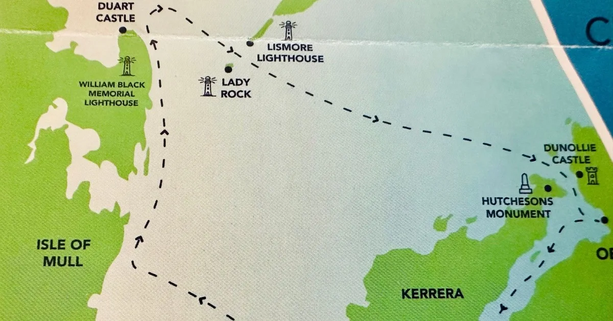 Map showing a cruise route from Oban around Mull and Kerrera.