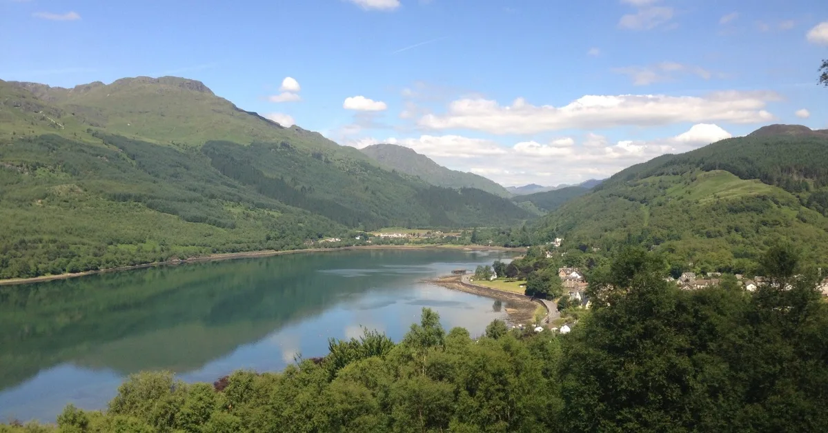 View of coastal train ride from Glasgow to Oban Scotland.
