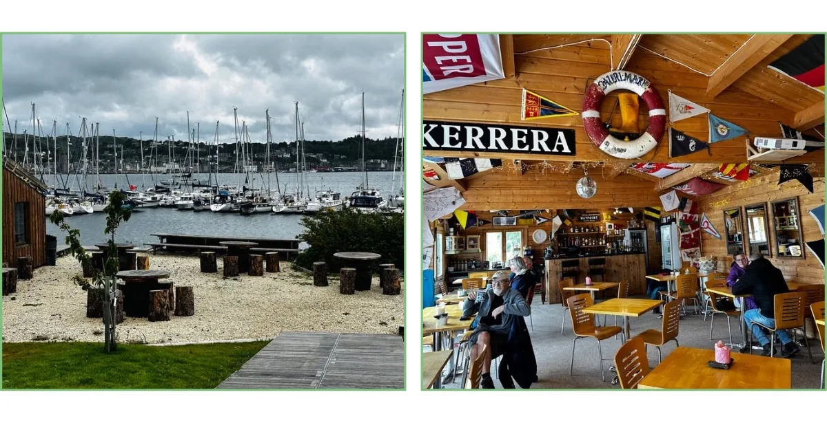 Sail boats in a sheltered cove next to Kererra Marina restaurant which is wood paneled inside and decorated with nautical items.