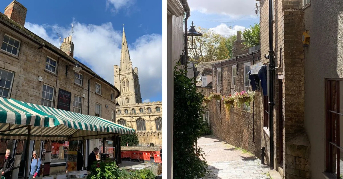 Market in the foreground and steepled church in the background. A second image of narrow cobbled land with row of houses