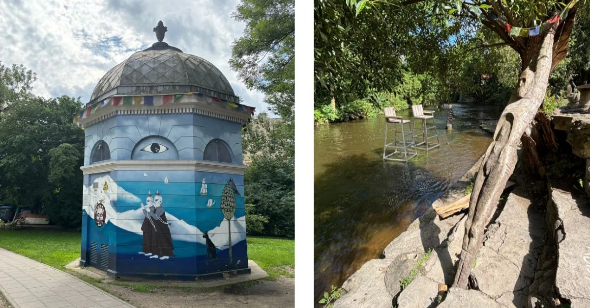 Painted dome, wooden sculpture of a woman and two wooden chairs in a river