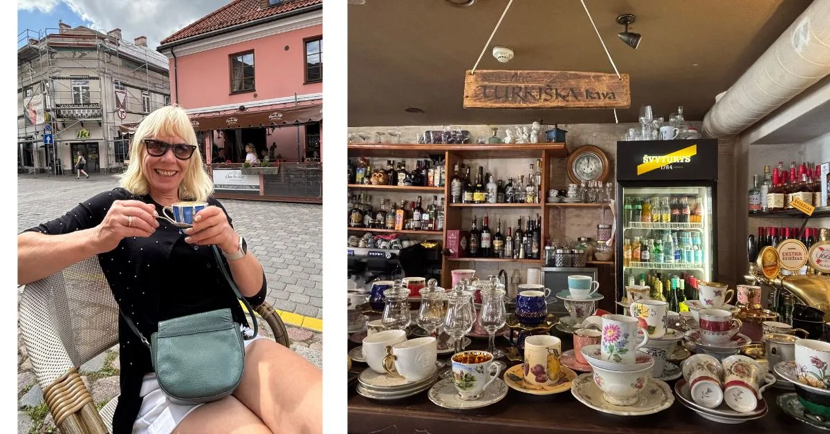 Woman having a coffee in square and a selection of teacups in a cafe all different and quirky in style