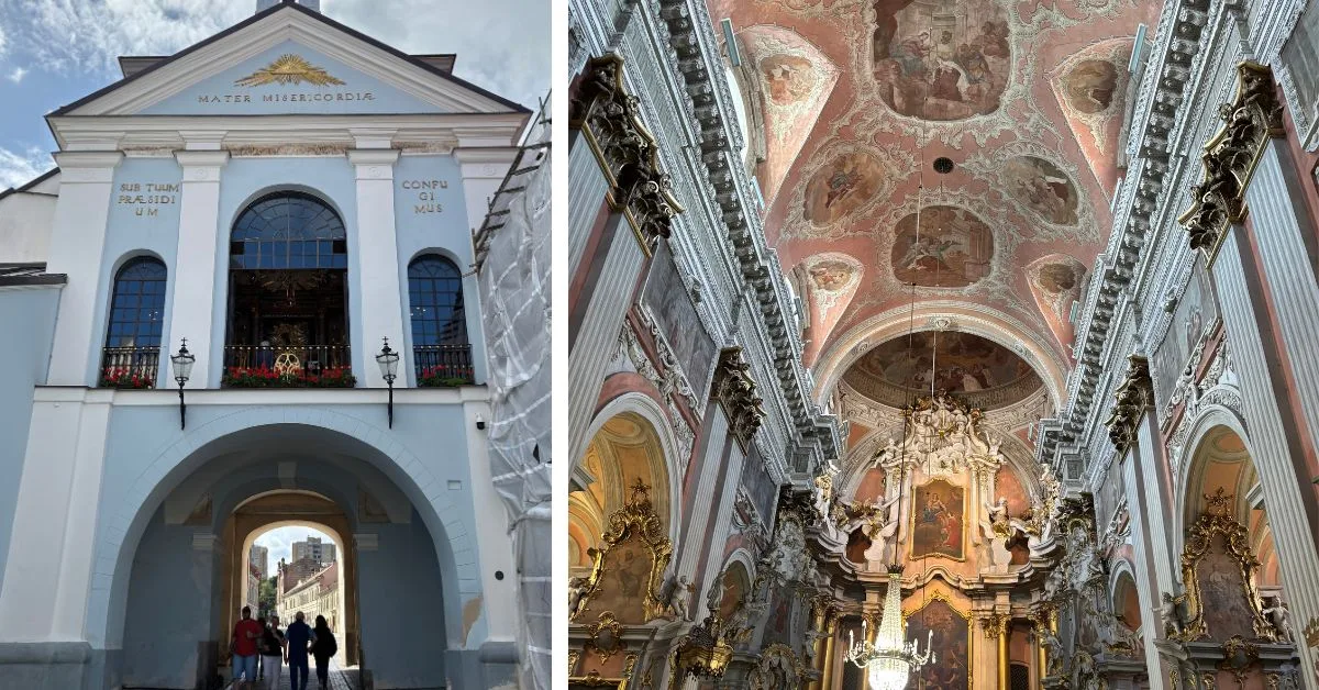 Archway in blue and white with chapel above it. Image of interior of church showing ornate ceiling
