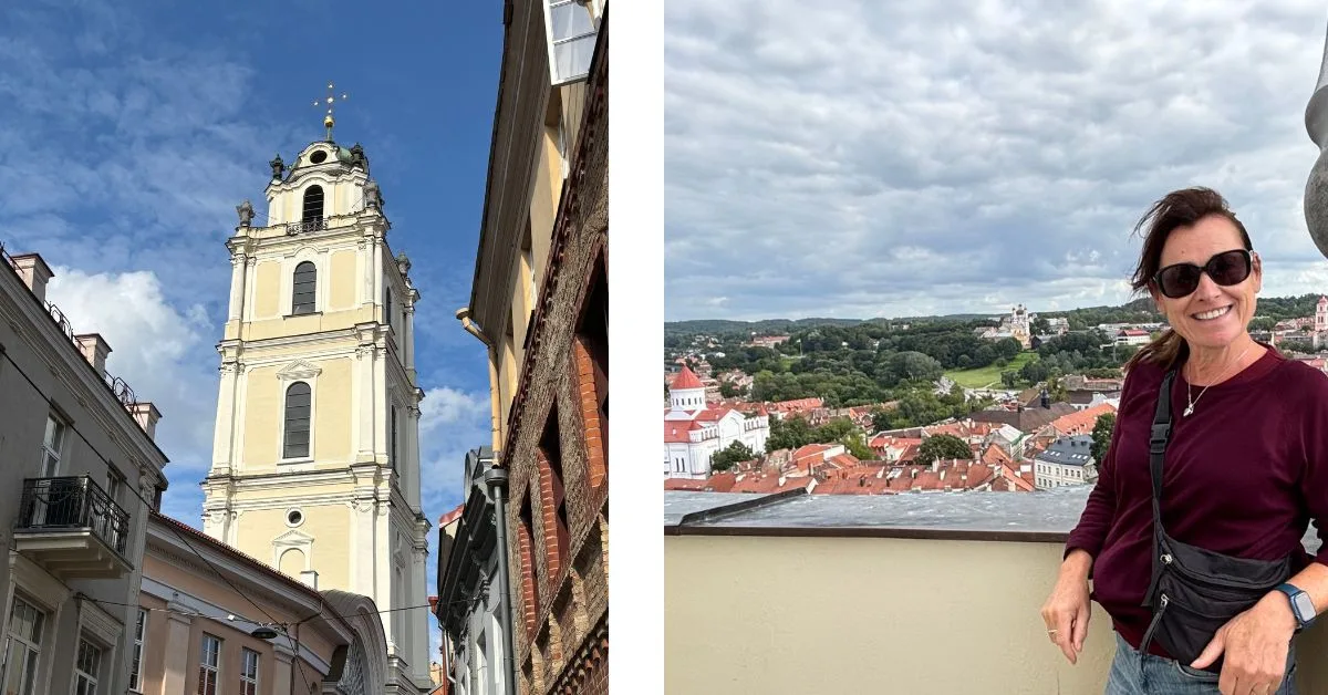 Image of a bell tower and woman standing with the views of the old town behind her
