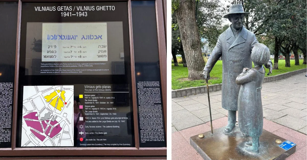 Jewish quarter - sign with map showing the Ghetto area and statue of a Jewish man and young girl